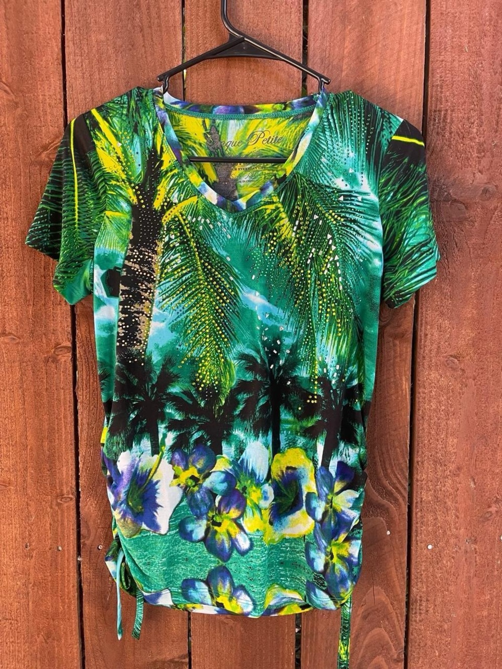 Onque Maximalism Tropical Palm Tree Beaded Lightweight Short Sleeve Top Sz PS